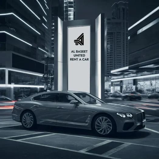 A car parked in front of an Al Baseet sign in a city at night